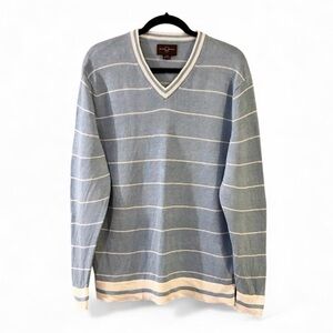 ⭐️ Unisex Black Brown 1826 Blue & White Striped Linen V-Neck Sweater - PTP 23